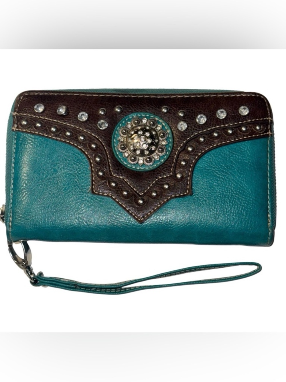 American Bling Teal Studded Rhinestone Concho Zip Around Wallet